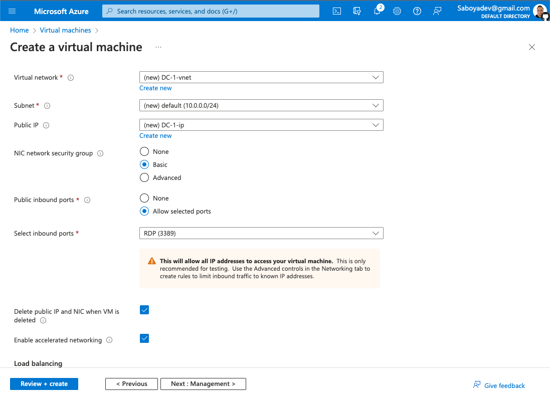 vm ms server vnet